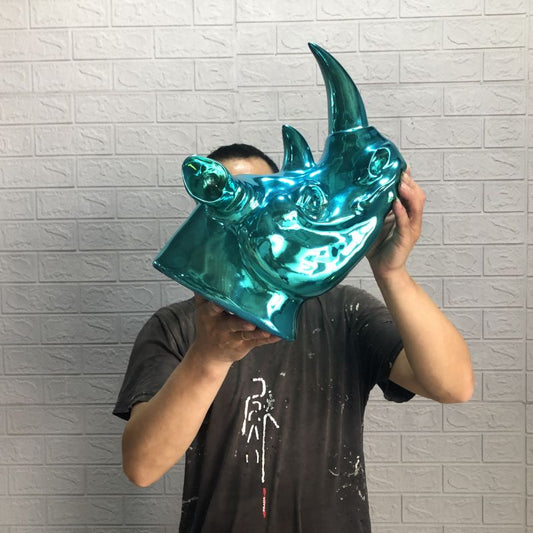 Luxury Peacock Blue Rhino Head Wall Decor, Electroplated Resin Animal Sculpture for Home, Bar, KTV Wall Accent