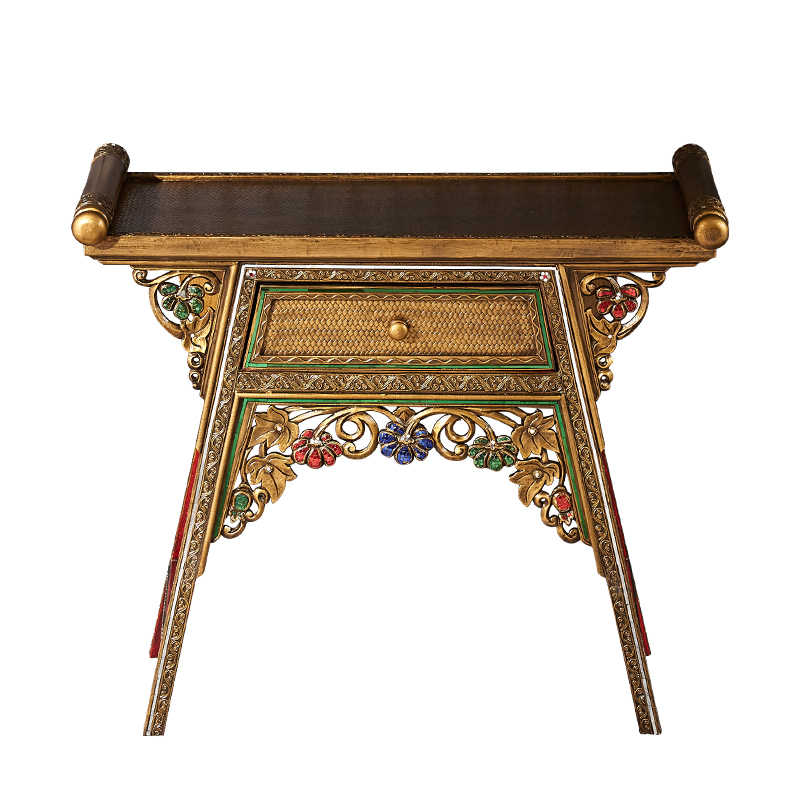Thai Carved Wood Console Table with Ornate Golden Details, Southeast Asian Style Entryway Table with Gemstone Accents, Traditional Buddhist Altar Table,
