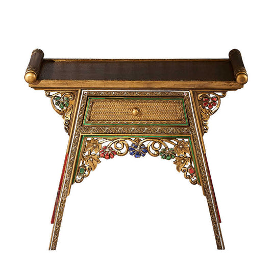 Thai Carved Wood Console Table with Ornate Golden Details, Southeast Asian Style Entryway Table with Gemstone Accents, Traditional Buddhist Altar Table,