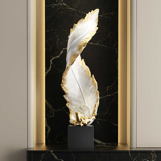 Elegant Feather Art Sculpture with Gold Accents on Black Marble Base, Luxury Contemporary Desktop Decoration for Office & Home, Statement Piece Gift