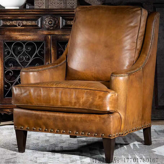 American Luxury Country Wingback Chair – Classic High-Back Armchair with Premium Top-Grain Leather, Traditional European-Style Living Room Furniture