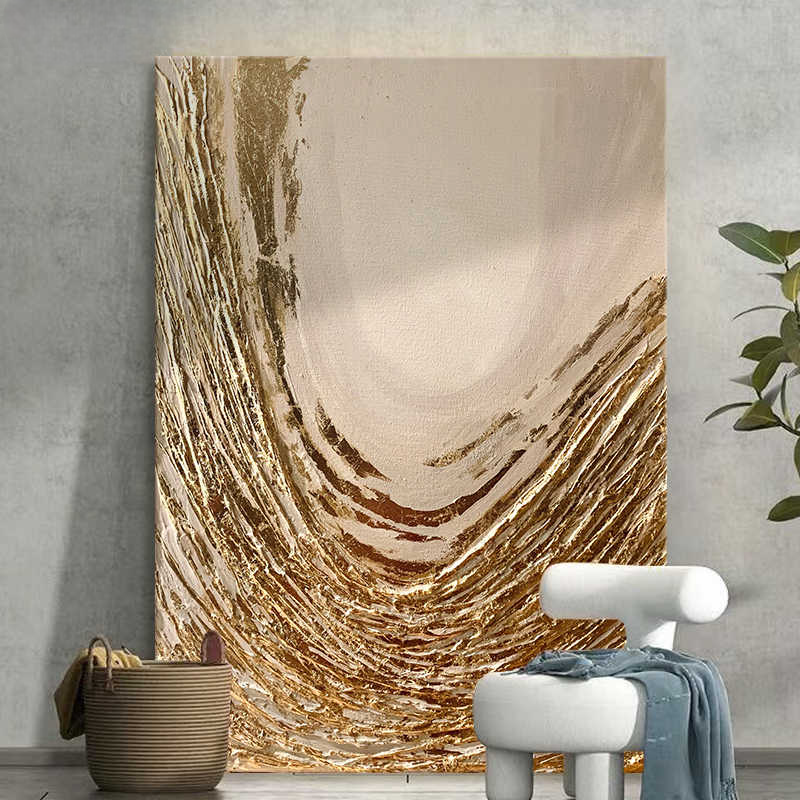 Large Luxury Gold Foil Textured Oil Painting – Original Hand-Painted Abstract Art for Living Room, Foyer & Sofa, Minimalist Italian Style