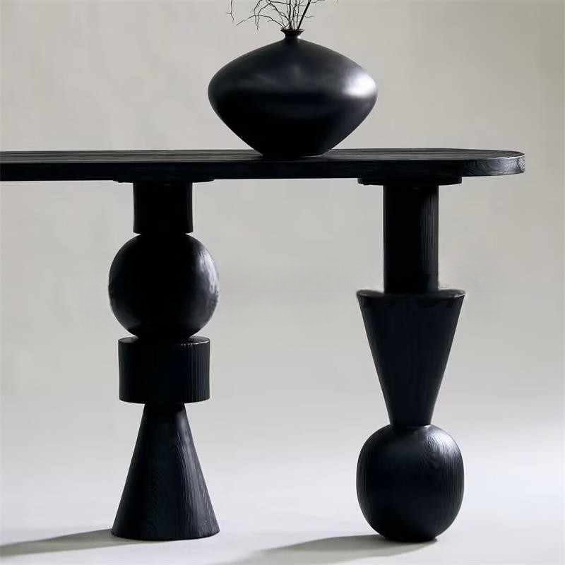 Vintage Solid Wood Sculptural Black Console Table, Modern Designer Entryway Table, Minimalist Artistic Foyer Sofa Back Accent