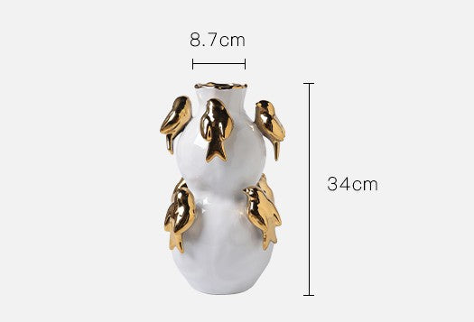 White Ceramic Vase with Gold Birds, Minimalist Art Flower Vessel with Gilt Bird Appliques, Modern Home Decor for Living Room & Entryway