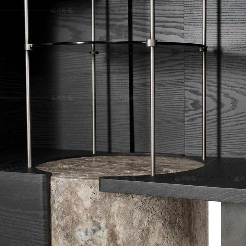 Italian Luxury Wall-Mount Bar Cabinet with Natural Marble Pedestal, Contemporary Wood Grain Storage with Brass Interior Lighting, Designer Display Cabinet
