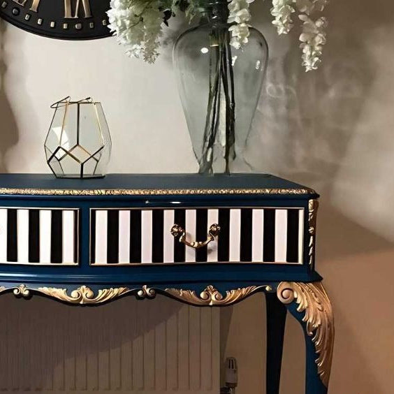 Neoclassical Striped Console Table – Light Luxury Entryway Accent, Blue Gold Decorative Hallway Table