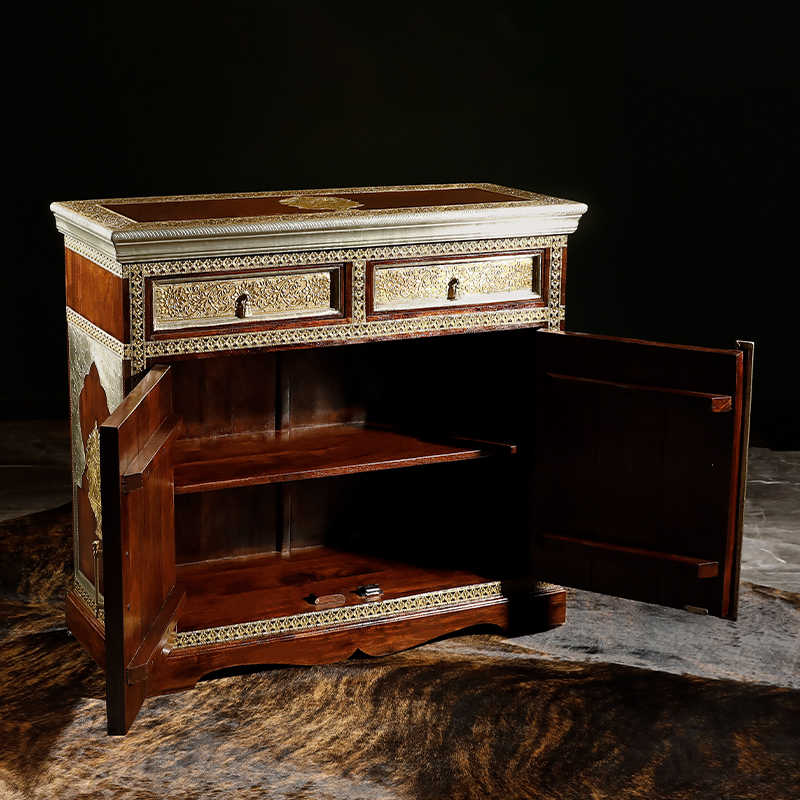 Indian Brass-Inlaid Rosewood Storage Cabinet with Moorish Arched Doors, Handcrafted Console with Intricate Metal Work & Traditional Jali Panels