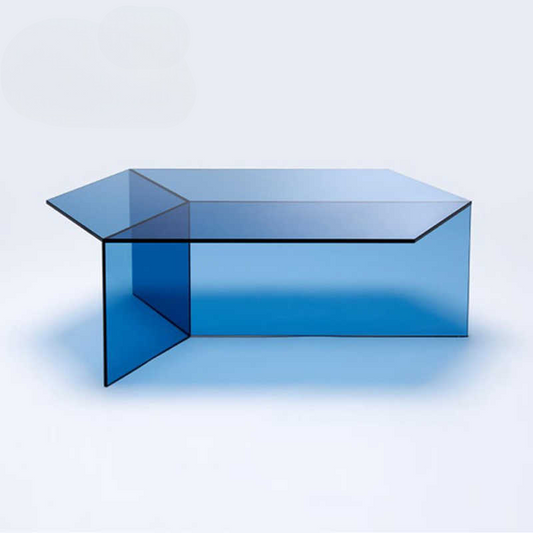 Modern Hexagon Blue Acrylic Coffee Table, Minimalist Geometric Designer Side Table, Large Artistic Accent