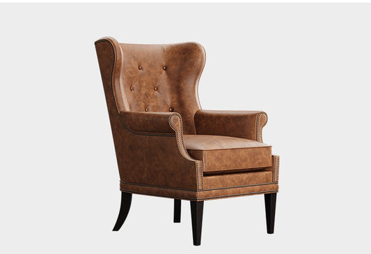 Luxury Vintage High-Back Leather Wing Chair – Designer Retro Accent Armchair for Living Room, Bedroom & Study, Tiger Chair