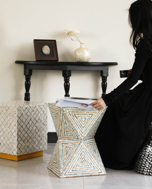 Modern Geometric Waist-Stool, Triangular Mosaic Side Table or Stool for Balcony, Living Room, and Entryway