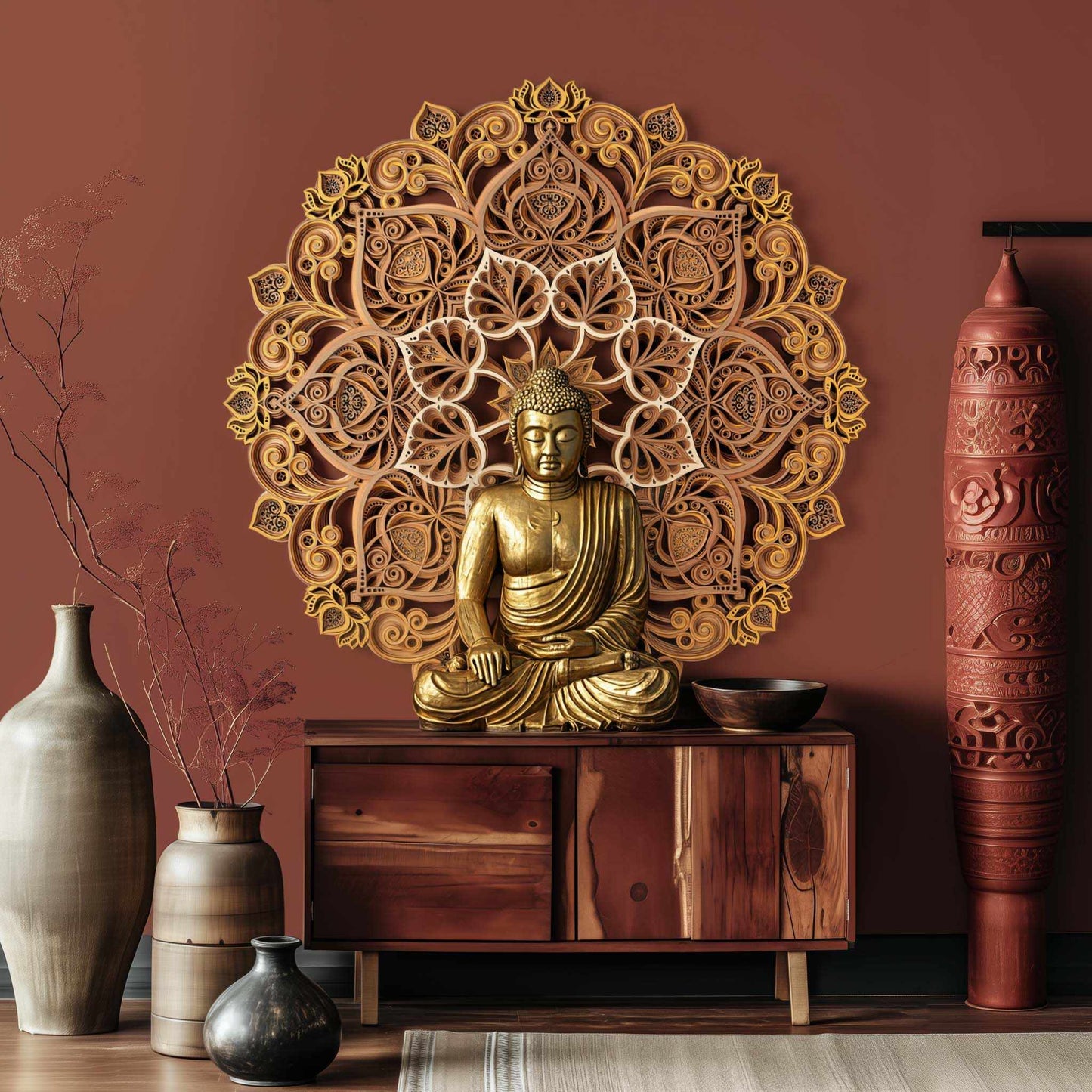 Large 3D Wooden Mandala Wall Art – Handcrafted Bodhi Flower Round Panel, Modern Sofa Backdrop, Living Room, Dining, Bedroom Decor