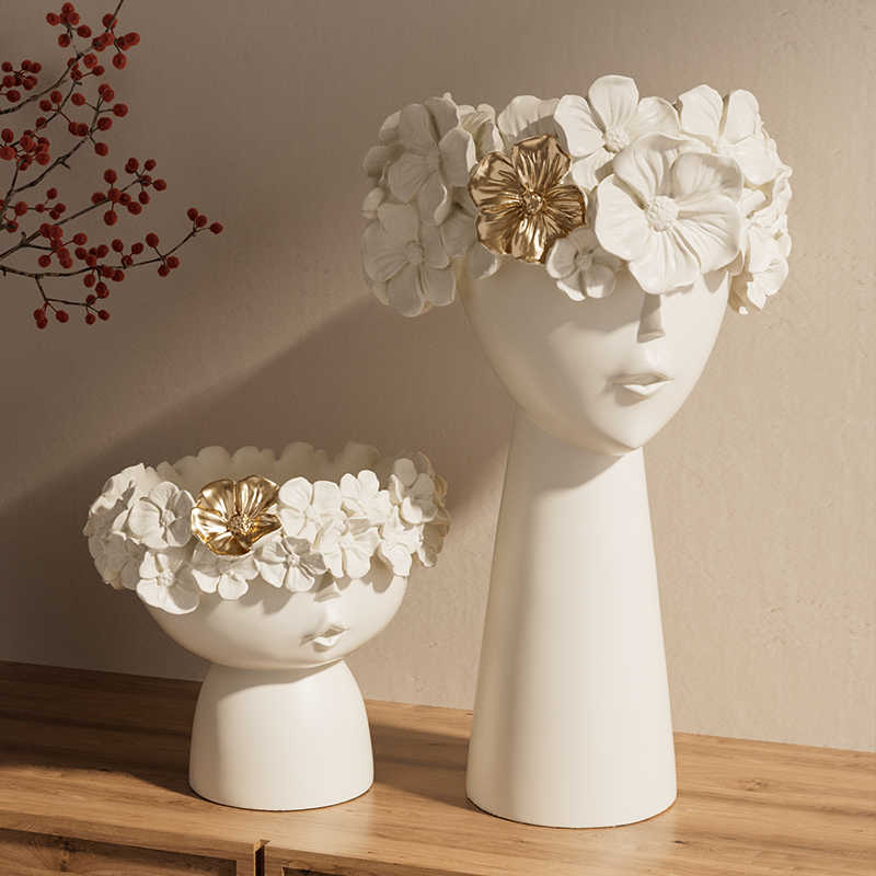 Luxury Ceramic Head Sculpture Vase Set – Modern Abstract Face Planters with Gold Floral Accents, Contemporary Home Décor Art Pieces