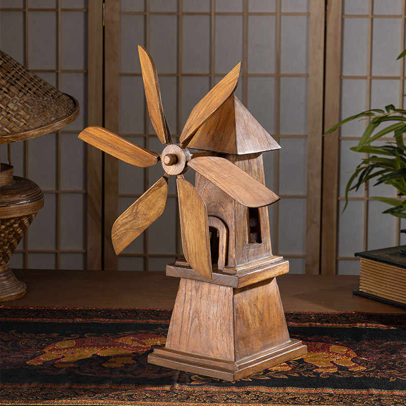 Thai Handcrafted Wooden Windmill Desktop Sculpture, Traditional Wood Carving Home Decor for Living Room & TV Cabinet Display