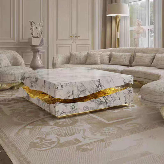 Modern Luxury Marble Coffee Table – Designer Villa Statement Center Table, Stainless Steel & Crystal Texture