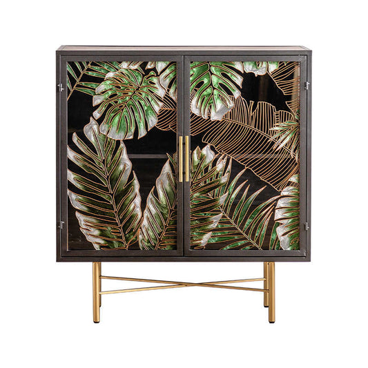 American Vintage Hand-Painted Glass Door Console Cabinet, Tropical Leaf Design Sideboard with Brass Legs, Luxury Storage for Small Spaces, Entryway Accent