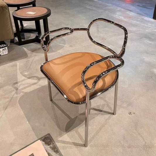 Italian Minimalist Dining Chair, Luxury Stainless Steel Frame with Genuine Leather Upholstery, Modern Art-Inspired Accent Chair with Curved Backrest