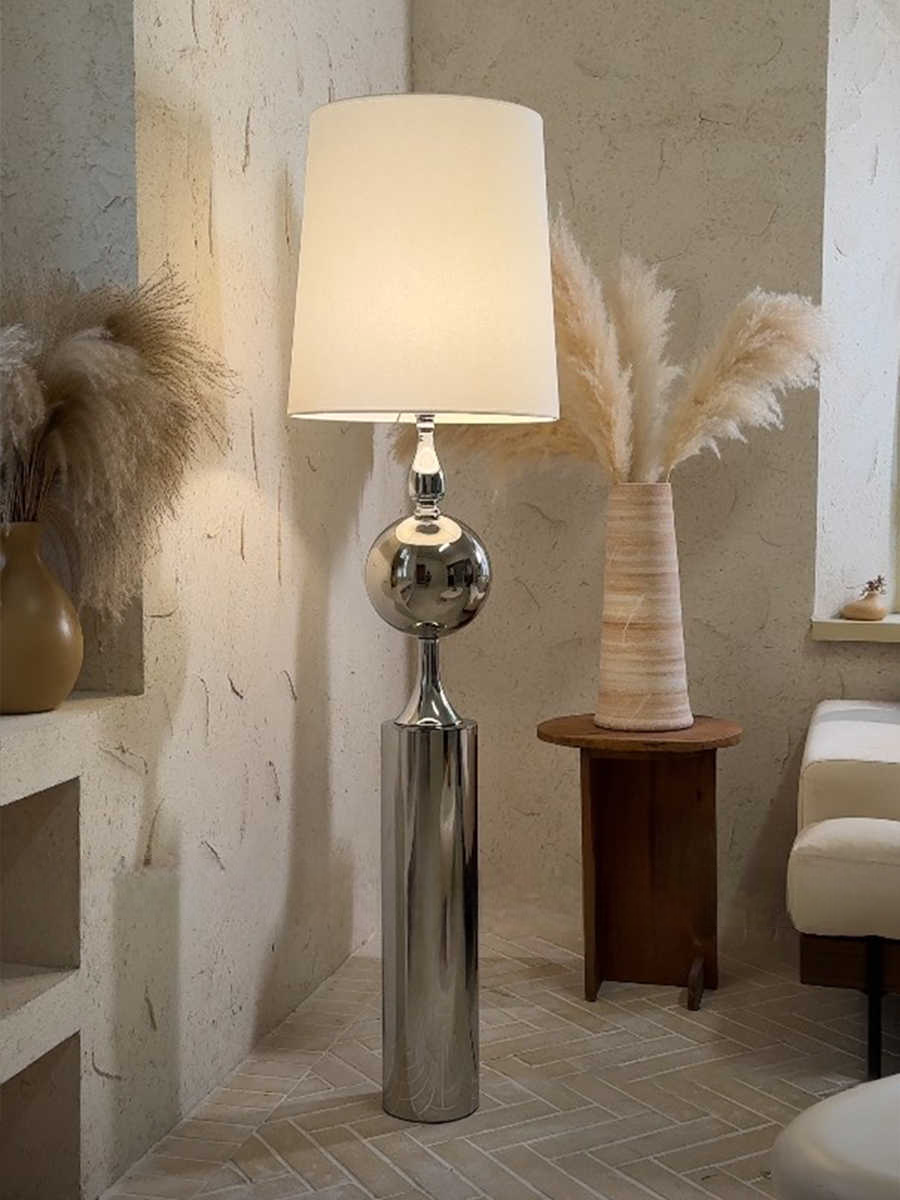 Classic Chrome Ball Floor Lamp, Retro Minimalist Luxury Standing Light with White Fabric Shade for Living Room or Bedroom