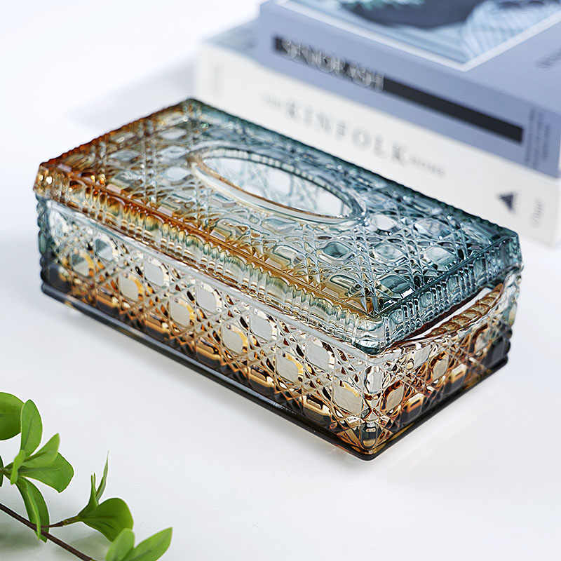 Luxury Emerald Gold Glass Tissue Box, Premium Gradient Crystal Napkin Dispenser with Ornate Pattern for Hotel Desktop, High-End Home Décor Storage