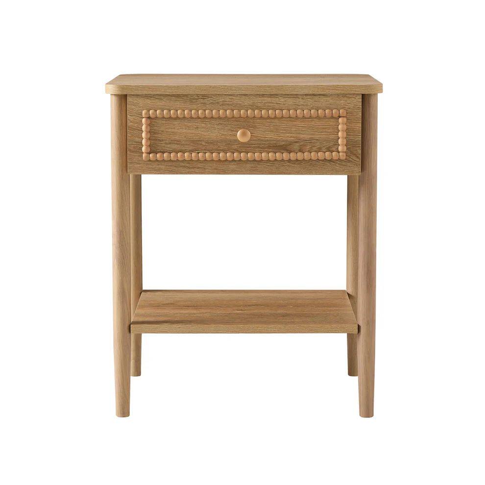 Natural Wood 1 Drawer Nightstand, French Vintage Style Solid Wood Bedside Table with Open Shelf and Carved Bead Trim, Compact End Table for Bedroom, Living Room, Guest Room, and Small Spaces