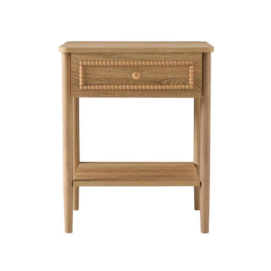 Natural Wood 1 Drawer Nightstand, French Vintage Style Solid Wood Bedside Table with Open Shelf and Carved Bead Trim, Compact End Table for Bedroom, Living Room, Guest Room, and Small Spaces