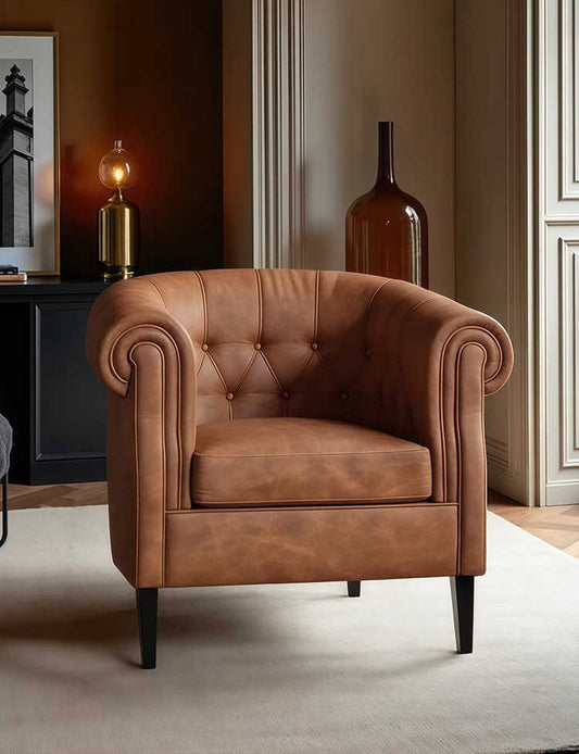 Vintage Leather Club Chair – Retro Chesterfield Single Armchair for Living Room, Bedroom & Home Office, Tufted Barrel Accent