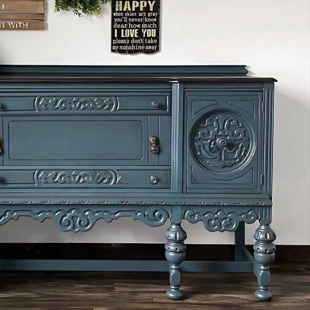 Vintage Artistic Carved Wood Sideboard – Two-Door Entryway Buffet Cabinet, Blue Revival Solid Wood Credenza