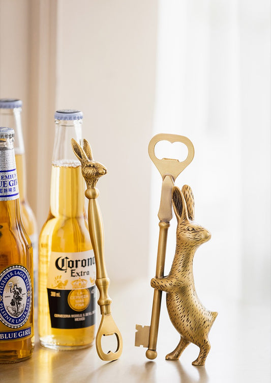 Vintage Brass Rabbit Bottle Opener Set, Unique Luxury Beer Opener Key & Bunny Head Design, Home Bar Tool Gift, 2-Piece