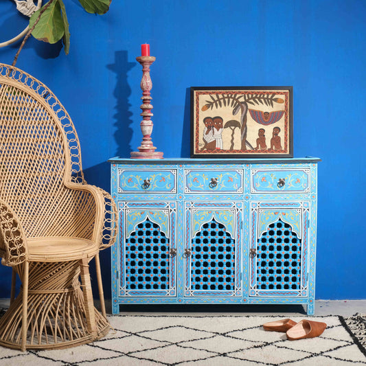 Moroccan Hand-Painted Solid Wood Cabinet, Exotic Blue Entryway Shoe Storage Sideboard