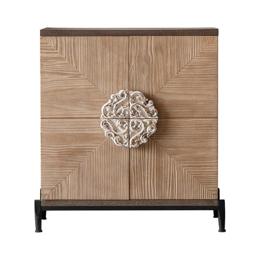 American Rustic Wood Entryway Cabinet with Chevron Pattern & Ornate Metal Hardware, Distressed Finish Storage Console for Small Spaces