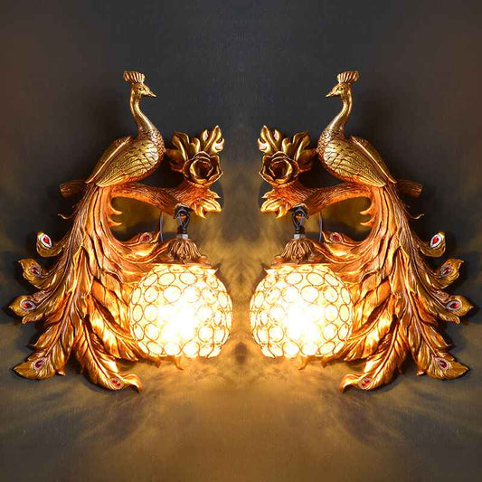 Gold Peacock Wall Sconce Set – Decorative Resin Wall Lamps for Living Room, Bedroom, and Hallway Accent Lighting