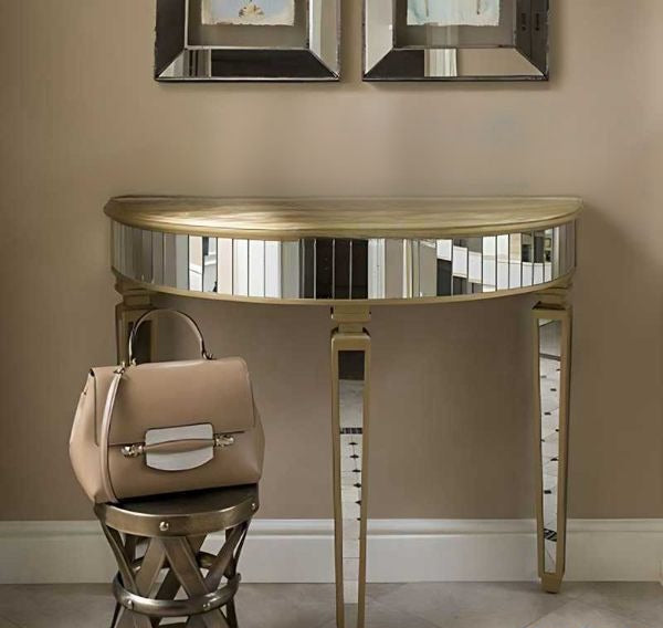Light Luxury Mirrored Semi-Circle Console Table – Art Deco Solid Wood Entryway Cabinet, Corridor Hallway Display