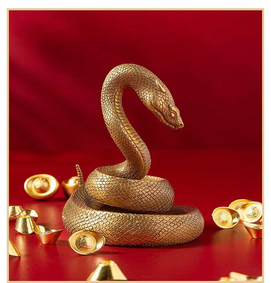 Snake Golden Brass Figurine, Zodiac Serpent Sculpture with Detailed Scale Pattern, Feng Shui Desktop Decoration