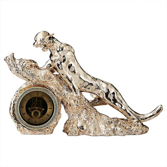 Luxury Gold Leopard Clock Sculpture – Resin Panther Timepiece for Living Room, TV Stand, or Office Decor