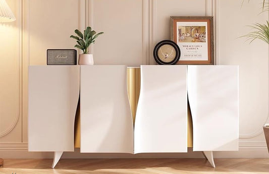 French-Cream Style Sintered Stone Entryway Cabinet, Modern Storage Sideboard with Gold Accents, Living Room Display Cabinet