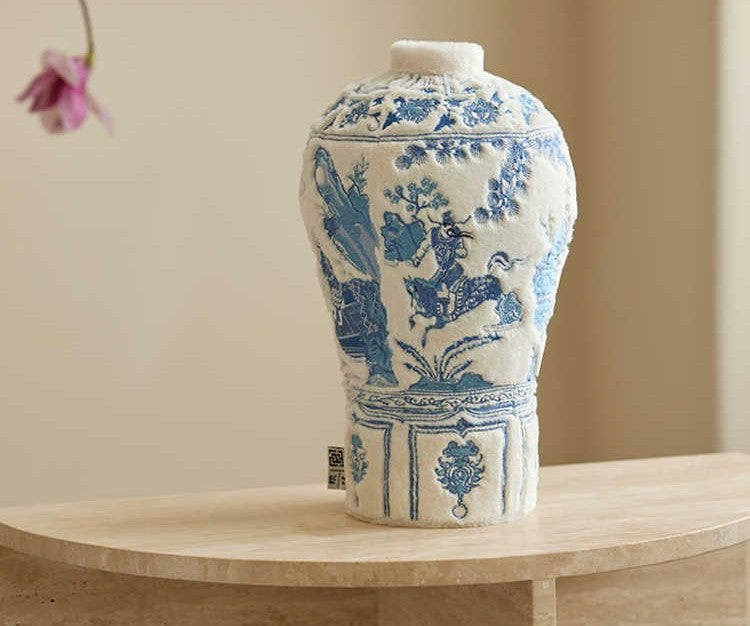 Blue & White Porcelain Vase Embroidered Pillow – Traditional Decorative Cushion