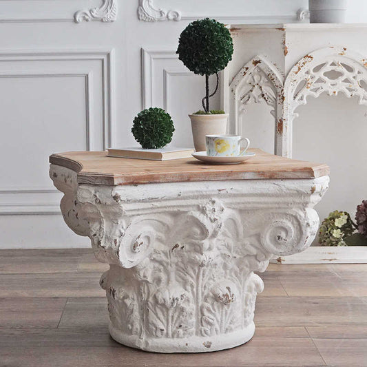 French Vintage Roman Column Side Table with Rustic Cedar Top, Distressed White Corinthian Capital Base Coffee Table