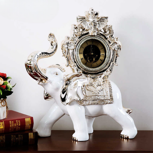 Luxury Silver Elephant Table Clock – Resin Animal Decor for Living Room, Bar Cabinet, Housewarming Gift