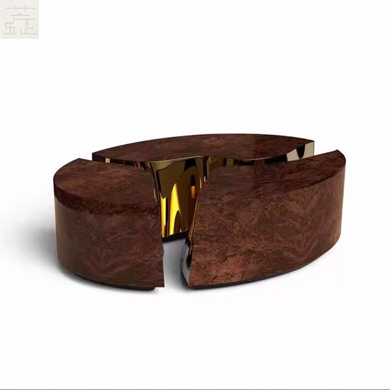 Modern Walnut Veneer Round Coffee Table – Luxury Oval Designer Center Table with Gold Crack Accent for Living Room or Villa