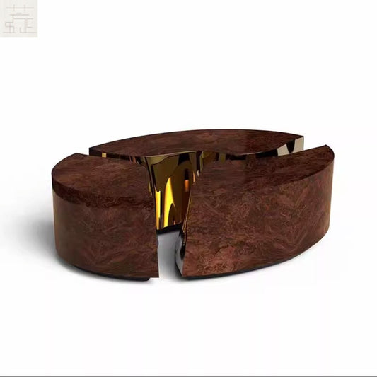 Modern Walnut Veneer Round Coffee Table – Luxury Oval Designer Center Table with Gold Crack Accent for Living Room or Villa