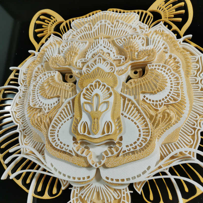 Tiger Head 3D Layered Wall Art – Modern Mandala Hotel Decor, Unique White Cartoon-Style Tiger Sculpture for Home, Guesthouse, Minimalist Accent