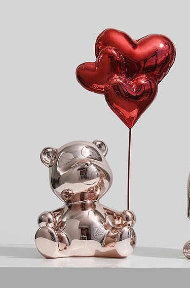 Chrome Teddy Bear with Heart Balloons Sculpture, Electroplated Bear Figurine for TV Cabinet, Living Room & Wine Cabinet Decor, Modern Luxury Accent