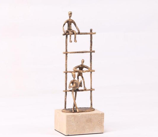 Modern Abstract Gold Metal Ladder Sculpture with Natural Stone Base, Artistic Minimalist Figurine for Living Room, TV Cabinet, Office, Entryway, Shelf Decor