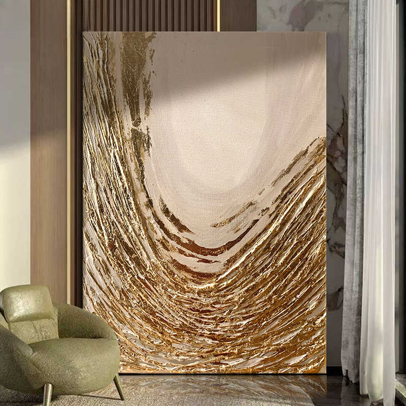 Large Luxury Gold Foil Textured Oil Painting – Original Hand-Painted Abstract Art for Living Room, Foyer & Sofa, Minimalist Italian Style