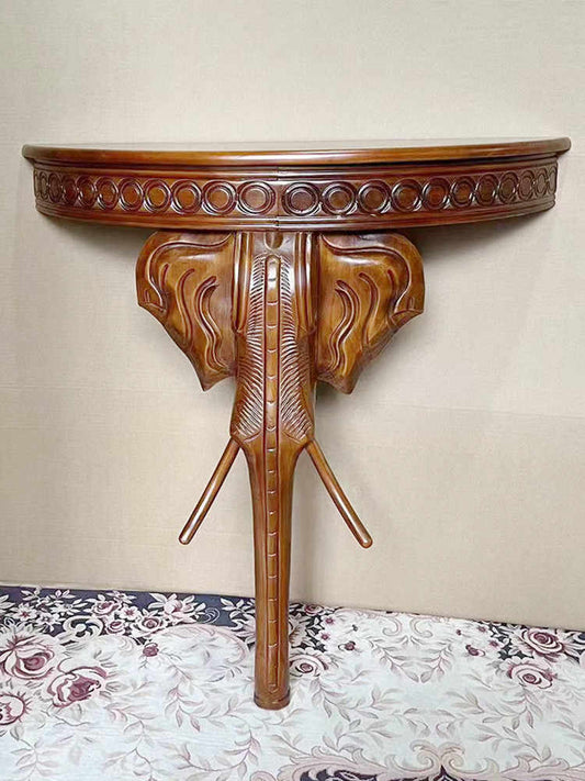 American Style Half-Moon Console Table with Hand-Carved Elephant Base, European Solid Wood Entryway Table with Circular Molding