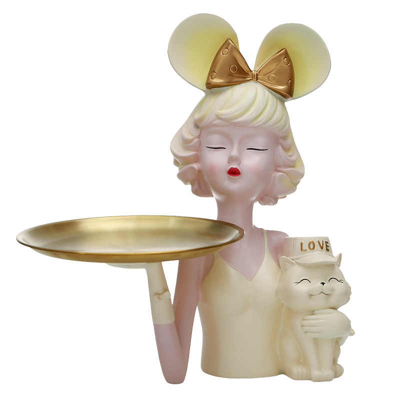 Luxury Girl and Cat Tray Organizer, Modern Resin Key Bowl for Entryway, Cute Countertop Decorative Figurine for Living Room and Desk