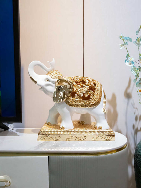 Elegant White and Gold Elephant Figurine – Large Resin Decorative Statue for Living Room, Entryway, or TV Stand Gift