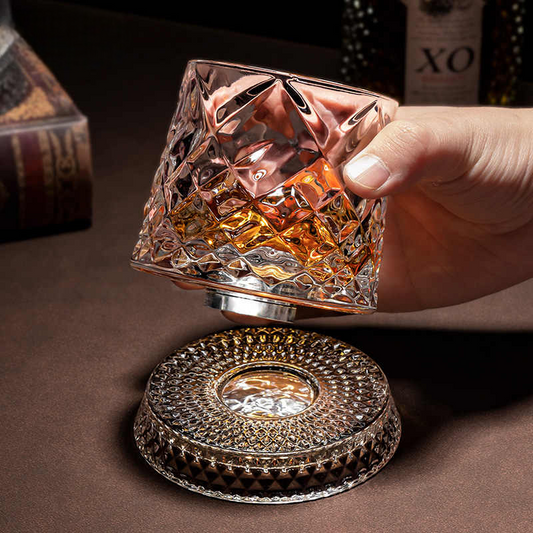 Diamond Crystal Rotating Whiskey Glass Set 280ml – Premium Old Fashioned Rocks Tumbler with Luxury Spinning Glass Base, 2 Pack Gift Box