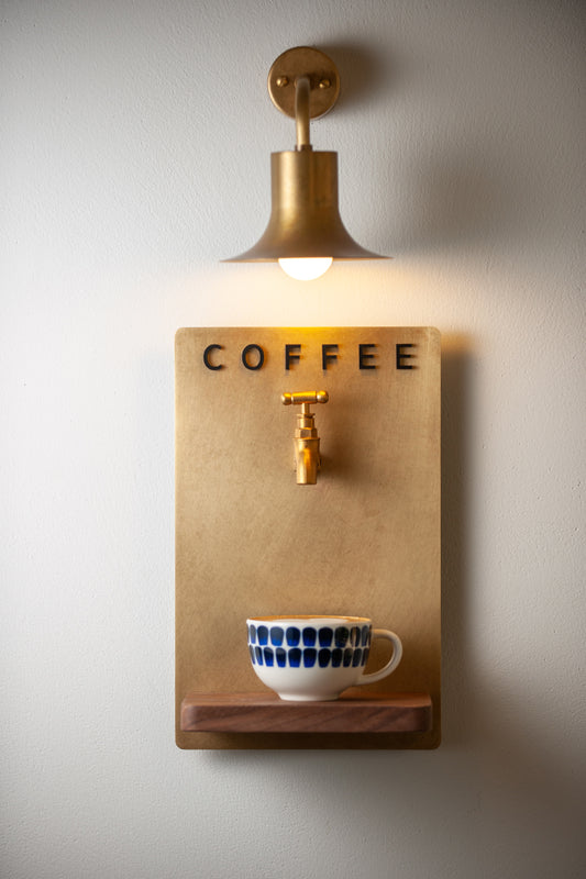 Brass Faucet Coffee Wall Decor – Creative Cafe Art Installation, Decorative Wall Spigot with Wood Shelf, Vintage Coffee Shop Display for Kitchen, Restaurant