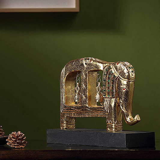 Handcrafted Golden Elephant Desktop Bell Ornament – Southeast Asian Wood Sculpture, Decorative Table Display for Beauty Salon, Restaurant, Office, Living Room