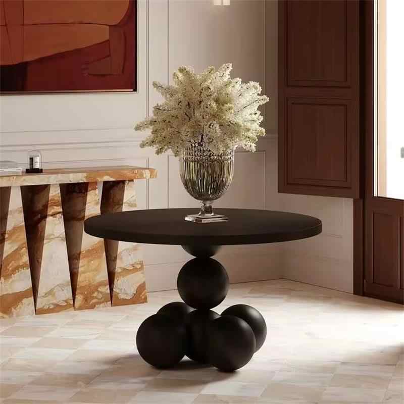 Modern Sphere Base Round Dining Table, Sculptural Solid Wood Minimalist Creative Retro Center Table for Living Room, Restaurant